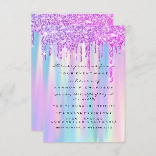 Sweet 16th Glitter drukt roze blauwe bruiloft uit Kaart (Voorkant / Achterkant)