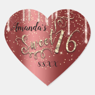 Sweet 16th Heart Glitter Gold Burgundy Roos Drips Hart Sticker