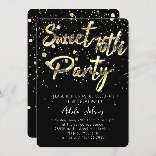 Sweet 16th Instant Download Black Gold Confetti Kaart (Voorkant / Achterkant)