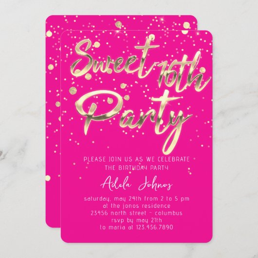 Sweet 16th Instant Download Gold Confetti Pink Kaart (Voorkant / Achterkant)