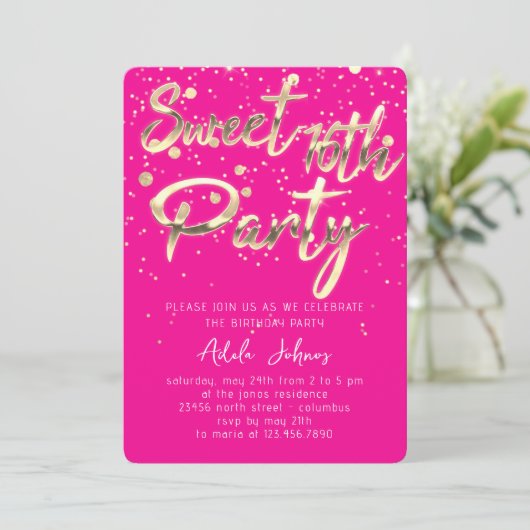 Sweet 16th Instant Download Gold Confetti Pink Kaart (Staand voorkant)
