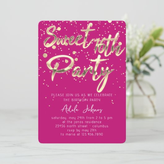 Sweet 16th Instant Download Pink Gold Confetti Kaart (Staand voorkant)