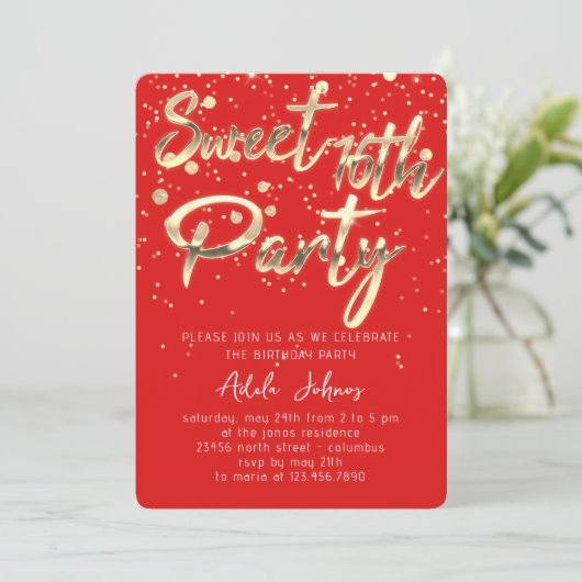 Sweet 16th Instant Download Red Gold Confetti Kaart (Staand voorkant)
