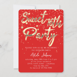 Sweet 16th Instant Download Red Gold Confetti Kaart