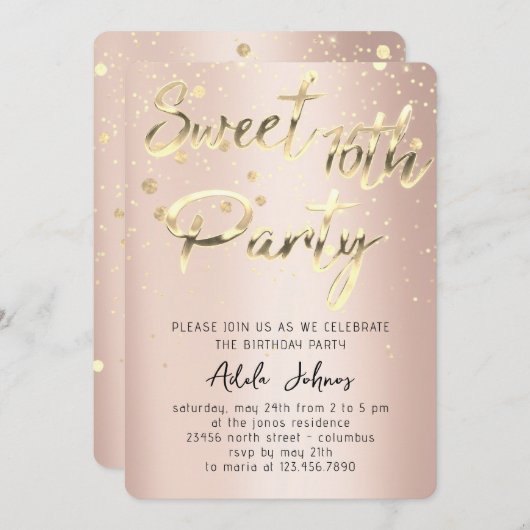 Sweet 16th Instant Download Roos Gold Confetti Kaart (Voorkant / Achterkant)