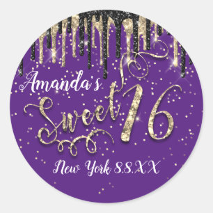 Sweet 16th Party Gold Confetti Drips Black Paars Ronde Sticker