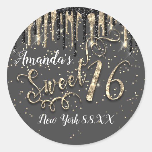Sweet 16th Party Gold Confetti Drips Grey Black Ronde Sticker (Voorkant)
