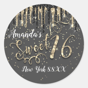 Sweet 16th Party Gold Confetti Drips Grey Black Ronde Sticker