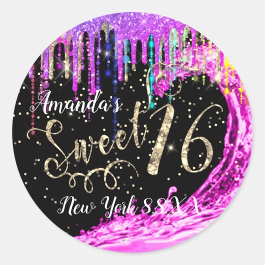 Sweet 16th Party roze Waves Confetti Rainbow Ronde Sticker (Voorkant)