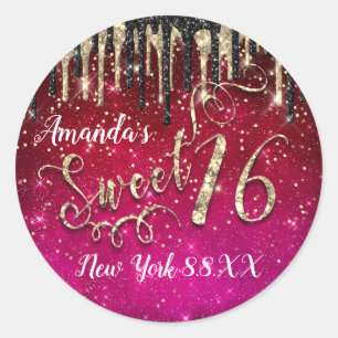 Sweet 16th Party Stars Gold Confetti Drips roze Ronde Sticker