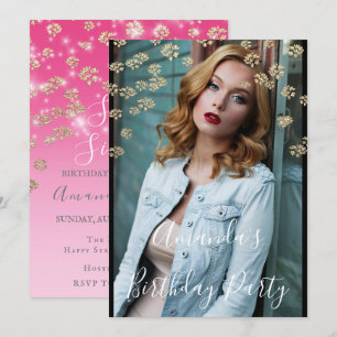 Sweet 16th Pink Flowers Gold Ombre Photo Confetti Kaart