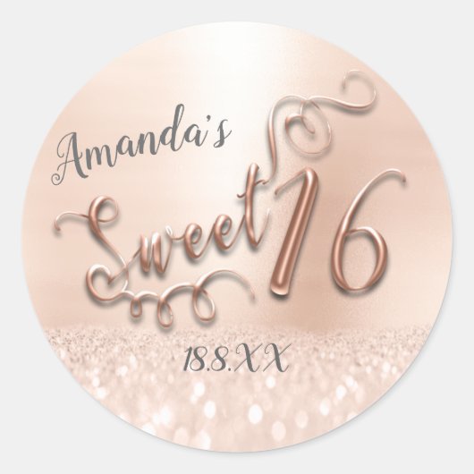 Sweet 16th Script Metallic Roos Gold Girly Ronde Sticker (Voorkant)