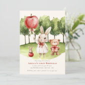 Sweet  1st Bunny Apple  Birthday Invitation Kaart (Staand voorkant)