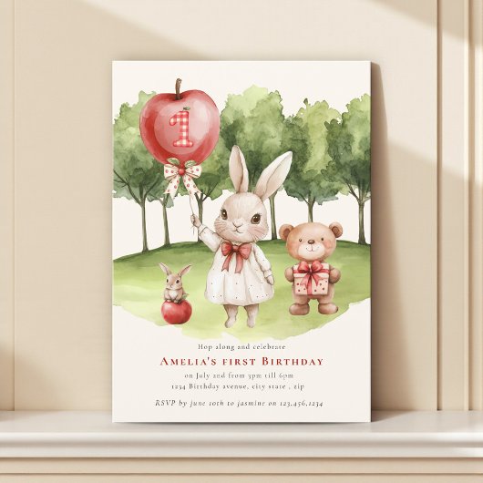 Sweet  1st Bunny Apple  Birthday Invitation Kaart