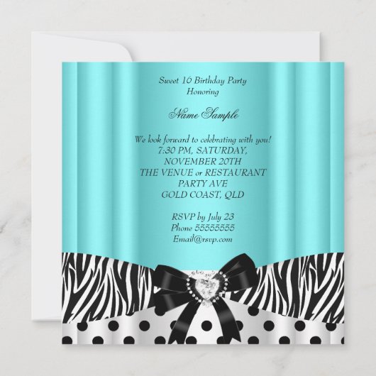 Sweet 61 16 Blauwgroen Zebra Polka Dots 2 Kaart (Achterkant)