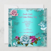 Sweet 61 16-jarige Blauwgroen roze rozen 3 Kaart (Achterkant)