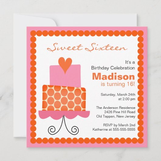 Sweet 61 Sinaasappel- en roze Cake Birthday Invite Kaart (Voorkant)