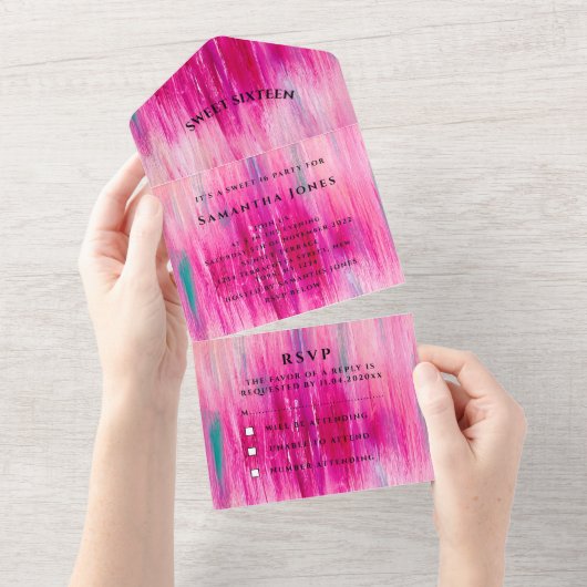 Sweet 61 Waterverf Meisje  Roze All In One Uitnodiging (Afscheurbaar)