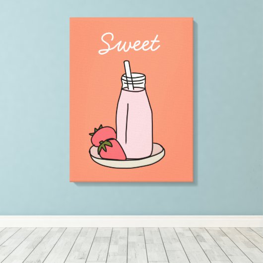 Sweet aardbeienmokshake schattig roze canvas afdruk (Insitu (Houten vloer))