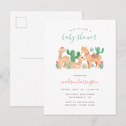 Sweet Alpaca Llama Cactus Boho Baby shower Uitnodiging Briefkaart (Voorkant / Achterkant)