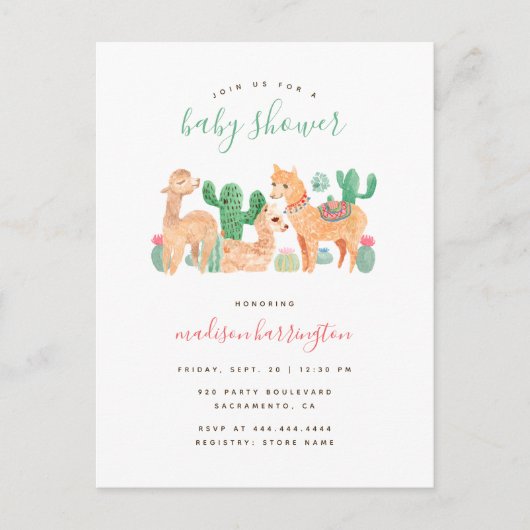 Sweet Alpaca Llama Cactus Boho Baby shower Uitnodiging Briefkaart (Voorkant)
