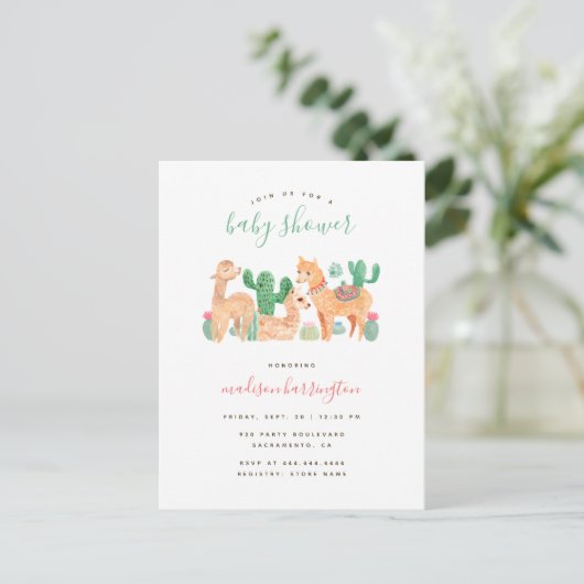 Sweet Alpaca Llama Cactus Boho Baby shower Uitnodiging Briefkaart (Staand voorkant)