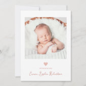 Sweet and Simple Photo Faux Roos Roze Hart Geboort Aankondiging (Voorkant)