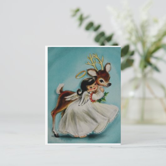 Sweet Angel Meisje knuffelen schattig hert. Briefkaart (Staand voorkant)