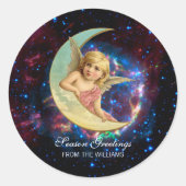  Sweet Angel op de Maan Kerstmis Ronde Sticker (Voorkant)