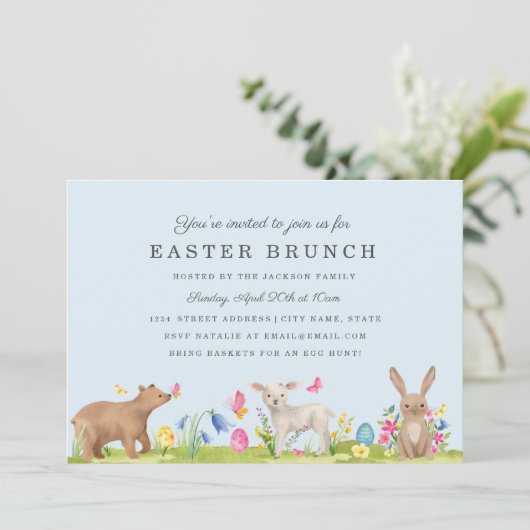 Sweet Animal Egg Blue Easter Brunch Kaart (Staand voorkant)