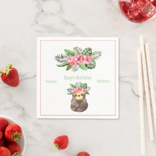 Sweet Animal Sloth Floral Pink Name Girly Birthday Servet (Insitu)