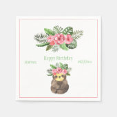 Sweet Animal Sloth Floral Pink Name Girly Birthday Servet (Voorkant)