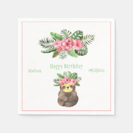 Sweet Animal Sloth Floral Pink Name Girly Birthday Servet