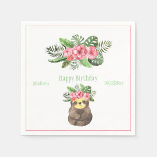 Sweet Animal Sloth Floral Pink Name Girly Birthday Servet