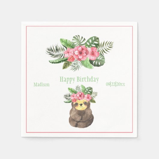 Sweet Animal Sloth Floral Pink Name Girly Birthday Servet (Voorkant)