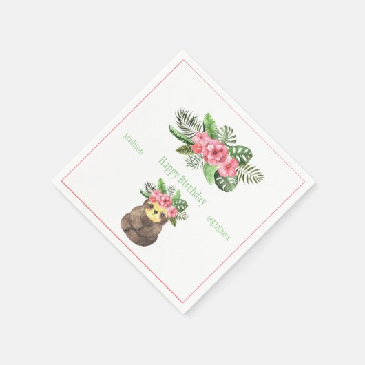 Sweet Animal Sloth Floral Pink Name Girly Birthday Servet (Hoek)