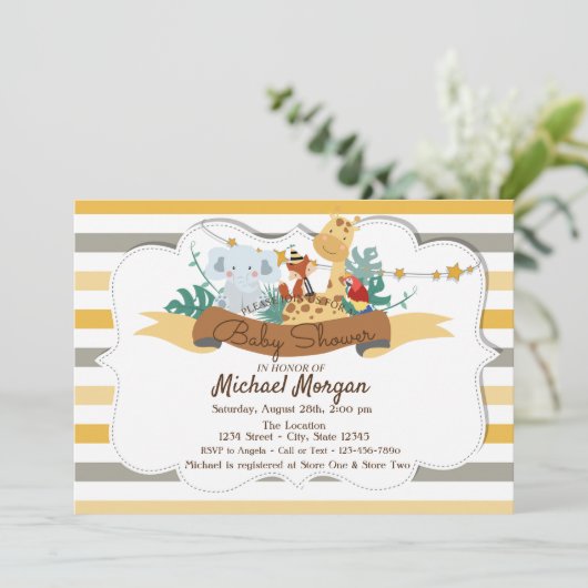 Sweet Animals Safari Striped Baby shower Kaart (Staand voorkant)