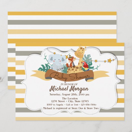 Sweet Animals Safari Striped Baby shower Kaart (Voorkant / Achterkant)