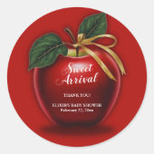 Sweet Arrival Red Apple Baby shower Ronde Sticker (Voorkant)