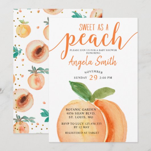 Sweet as a Peach Baby shower Invitation Kaart (Voorkant / Achterkant)