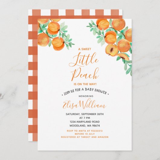 Sweet as a Peach komt naar het Baby shower Kaart (Voorkant / Achterkant)