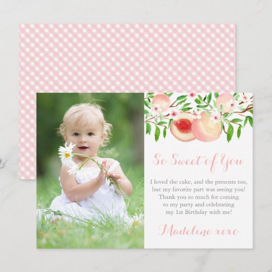Sweet as a Peach Little Girl Birthday Party Photo Bedankkaart (Voorkant / Achterkant)