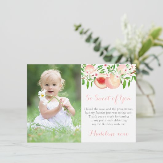 Sweet as a Peach Little Girl Birthday Party Photo Bedankkaart (Staand voorkant)