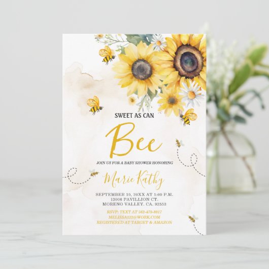Sweet As Can Be Zonnebloem Baby shower Invitation Kaart (Staand voorkant)