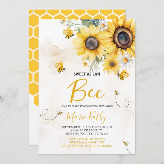 Sweet As Can Be Zonnebloem Baby shower Invitation Kaart (Voorkant / Achterkant)