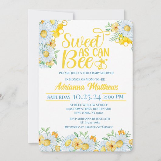 Sweet As Can Bee Baby Shower Invitation Kaart (Voorkant)