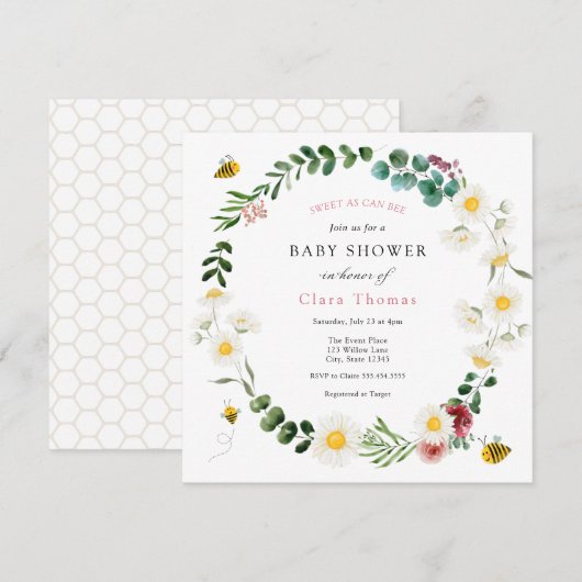 Sweet As Can Bee Pink Flower en Daisy Baby shower Kaart (Voorkant / Achterkant)