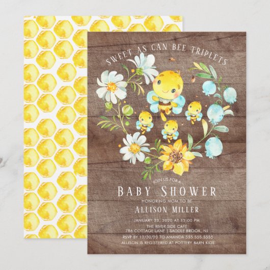 Sweet As Can Bee Triplets Baby shower Invitation Kaart (Voorkant / Achterkant)