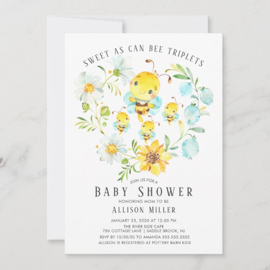 Sweet As Can Bee Triplets Baby shower Invitation Kaart (Voorkant)
