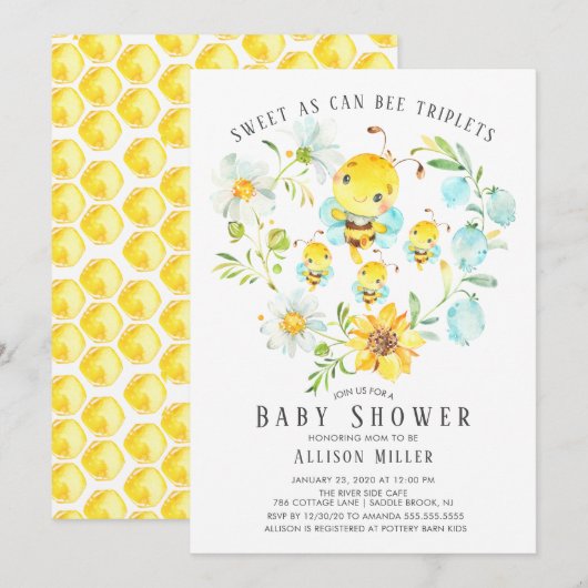 Sweet As Can Bee Triplets Baby shower Invitation Kaart (Voorkant / Achterkant)